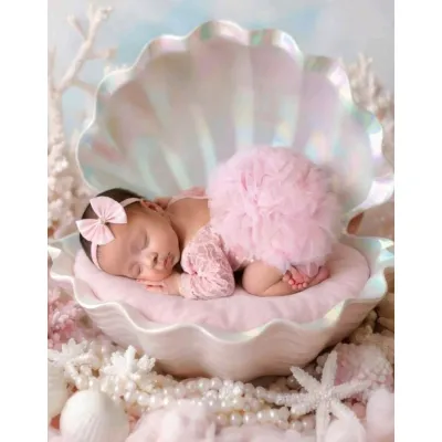 Newborn Baby Girl Photography Outfit - Lace Romper with Bowknot Pearl Headband