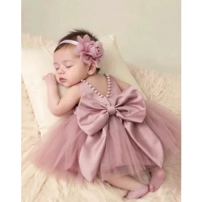 Newborn Baby Girl Photography Outfit - 2-Piece Set Pearl Style Dress with Rose Flower Headband