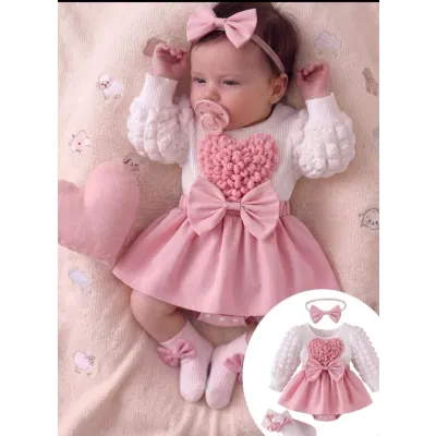 Newborn Baby Girl Photography Outfit - 4-Piece Heart & Bow Bodysuit Dress with Bow Headband & Socks