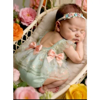 Newborn baby girl photography outfit - lace embroidery romper dress with floral headband