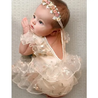 Newborn Baby Girl Photography Outfit - Floral Embroidery Lace Trim Romper & Headband Set