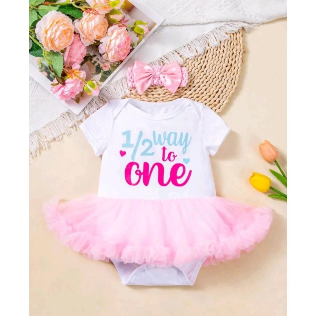 Baby girl birthday outfit - my half-way to 1 birthday party outfit with headband