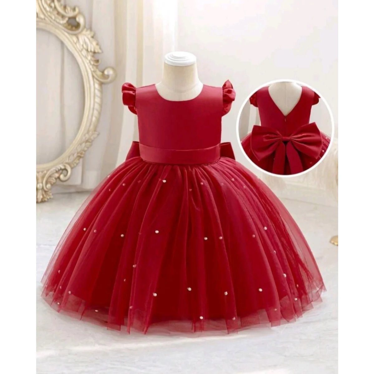 Baby girl Christmas outfit - cap sleeve big bow tulle princess dress
