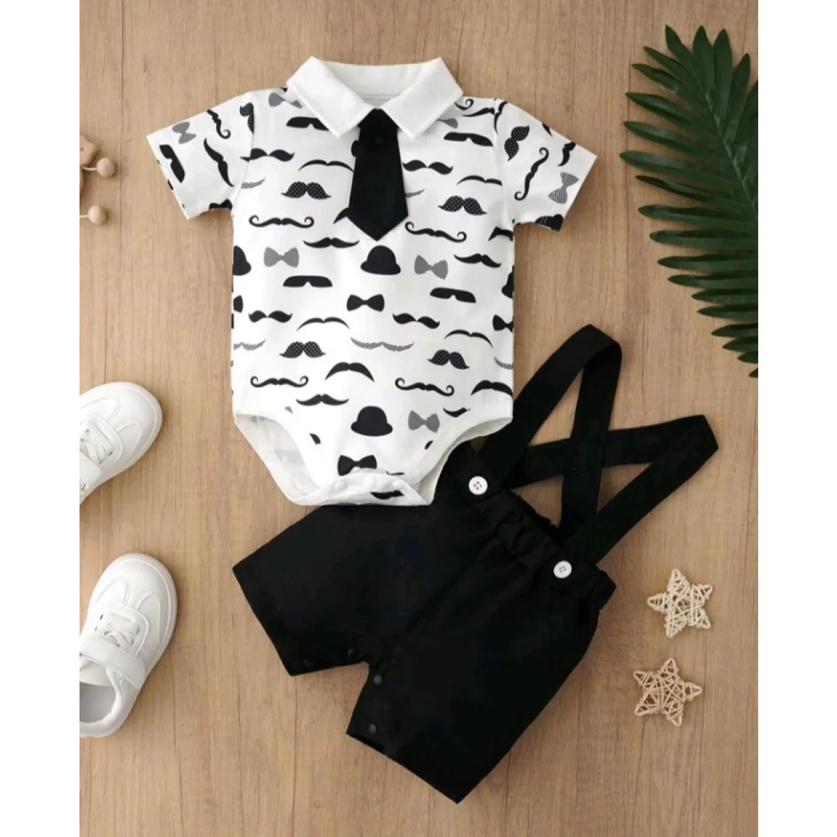 Baby boy birthday outfit - mustache print short sleeve with tie suit